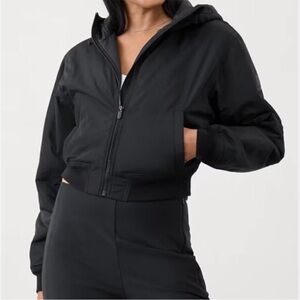 NWT Athleta Women’s Lucent Bomber Jacket Black Hooded Water Repellent L